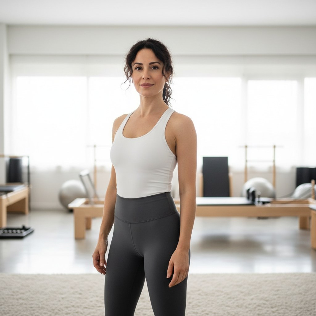 Julia Aksoy — White Pilates kurucusu, stüdyoda reformer pilates seansı sırasında